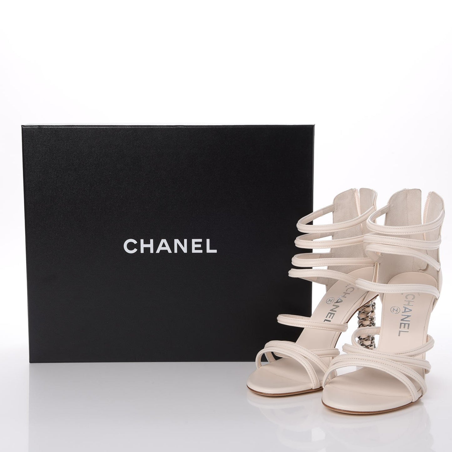Calfskin CC Chain Sandals 37.5 White