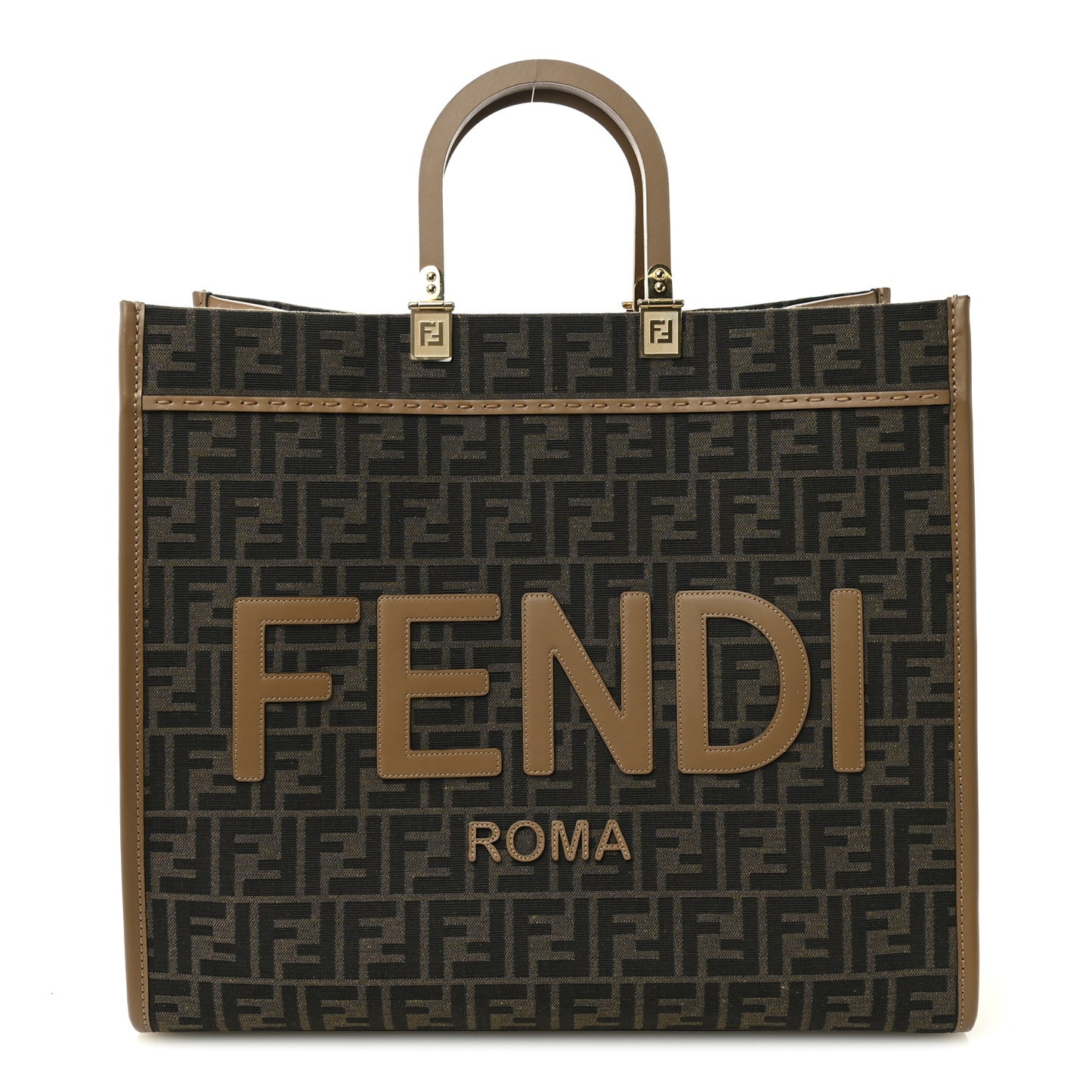 Fabric Jacquard FF 1974 Logo Large Fendi Sunshine Shopper Tote Tobacco Moro Sand