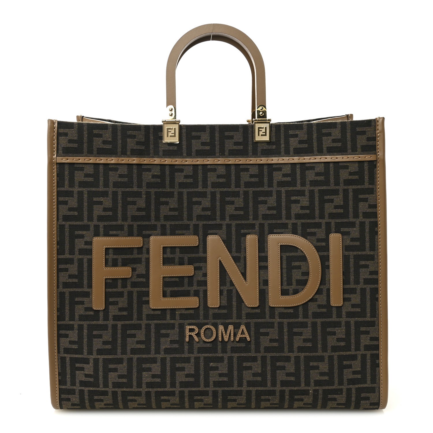 Fendi Fabric Jacquard FF 1974 Logo Large Fendi Sunshine Shopper Tote Tobacco Moro Sand 1 of 11