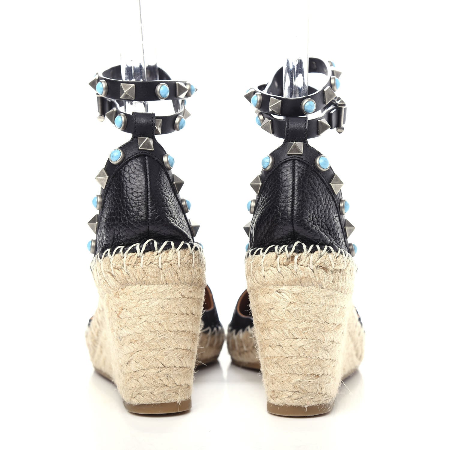 Valentino Garavani Grained Calfskin Turquoise Rockstud Rolling Ankle Wrap Espadrille 15/85mm Wedges 36 Black 7 of 12