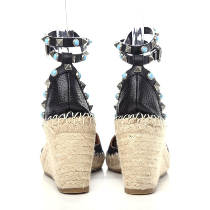 Valentino Garavani Grained Calfskin Turquoise Rockstud Rolling Ankle Wrap Espadrille 15/85mm Wedges 36 Black 7 of 12