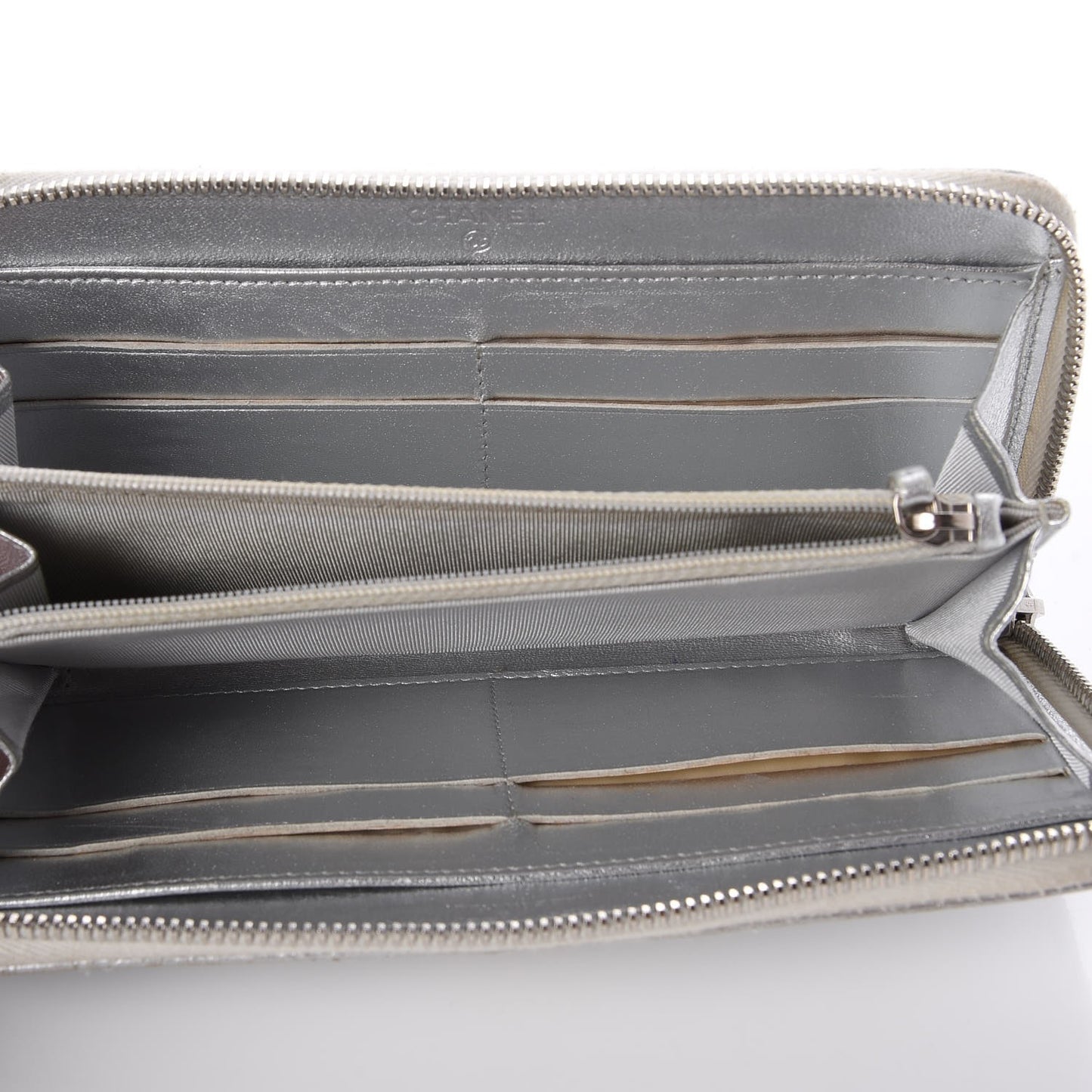 Metallic Lambskin Quilted Large Gusset Zip Around Wallet Silver