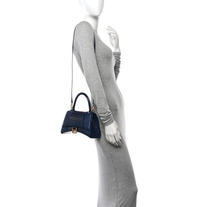 Balenciaga Shiny Calfskin Crocodile Embossed Small Hourglass Top Handle Bag Navy 2 of 11