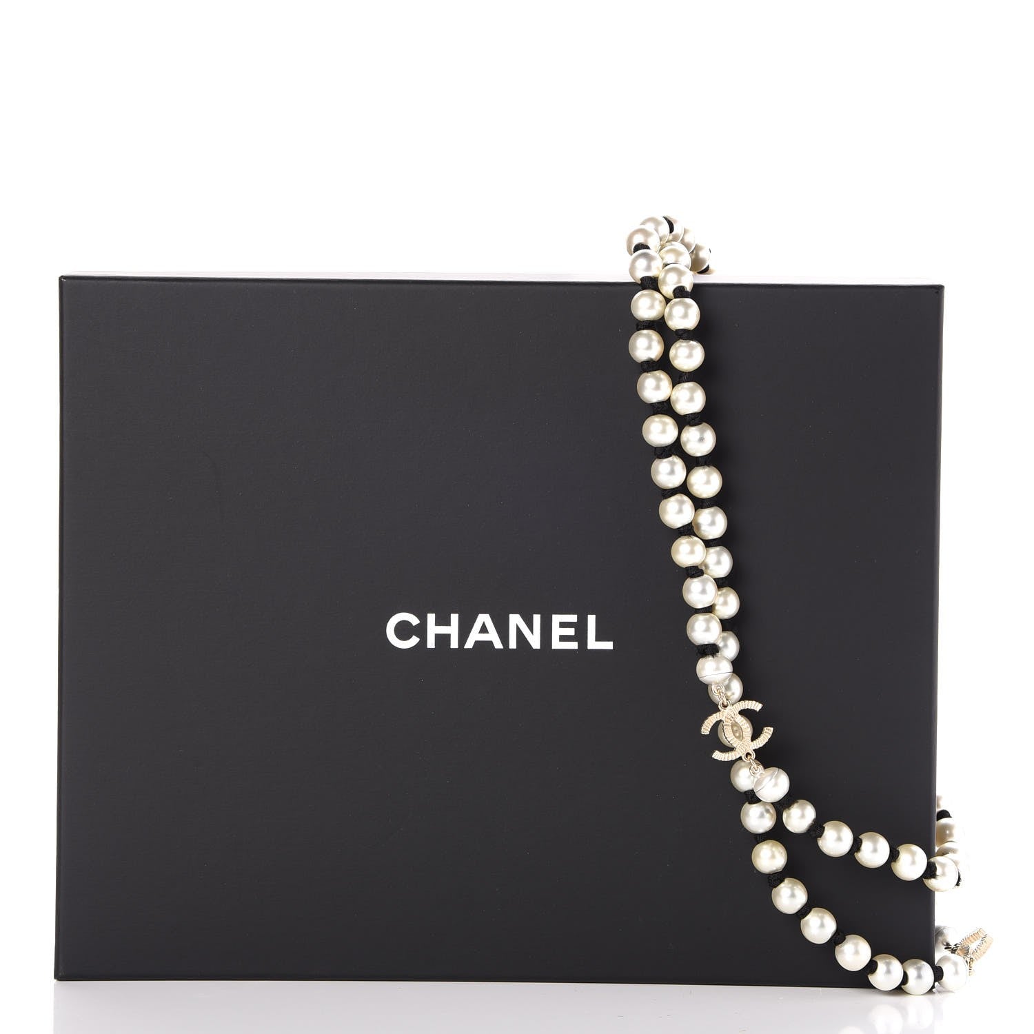 Chanel Pearl CC Long Necklace Gold Pearly White Black 8 of 8