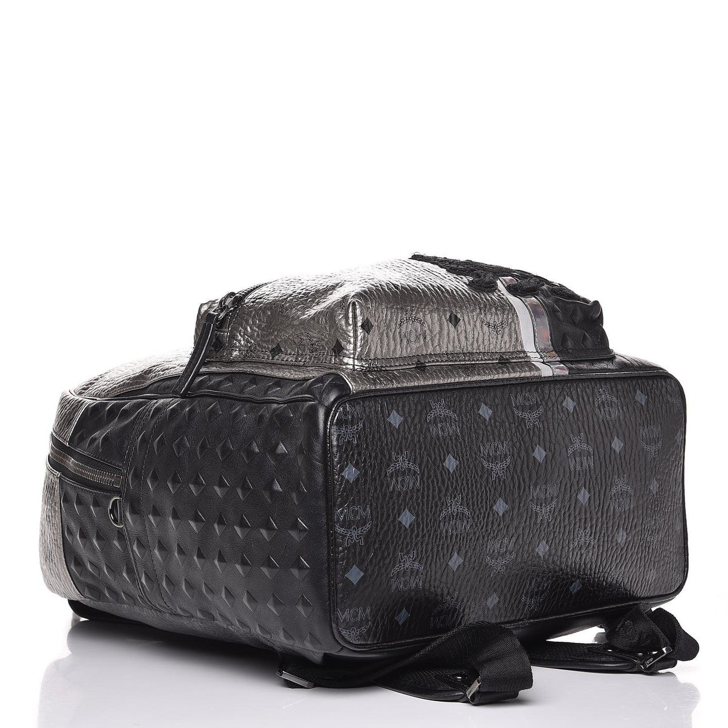 Metallic Visetos Calfskin Medium Studded Munich Lion Stark Backpack Silver Black