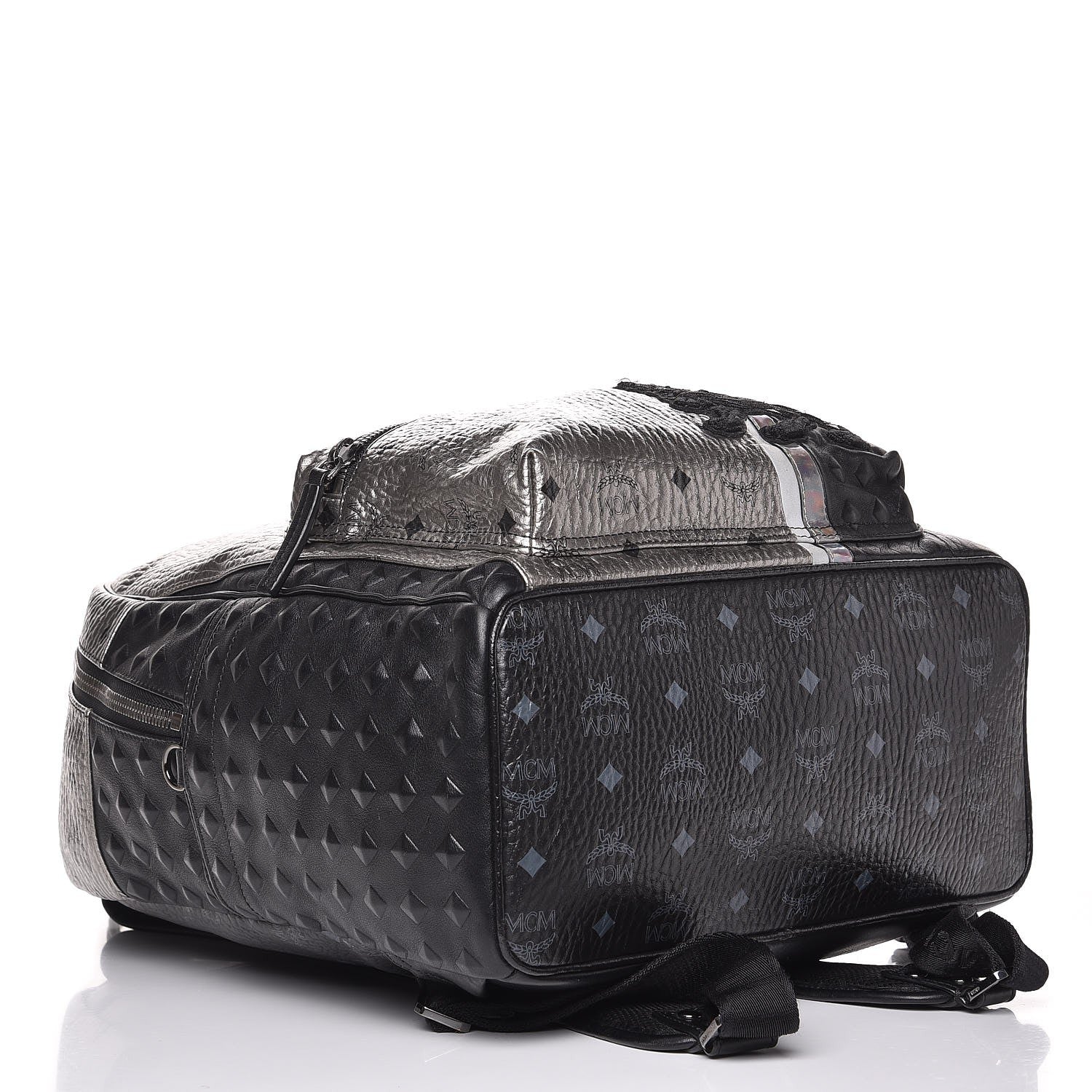 MCM Metallic Visetos Calfskin Medium Studded Munich Lion Stark Backpack Silver Black 5 of 28
