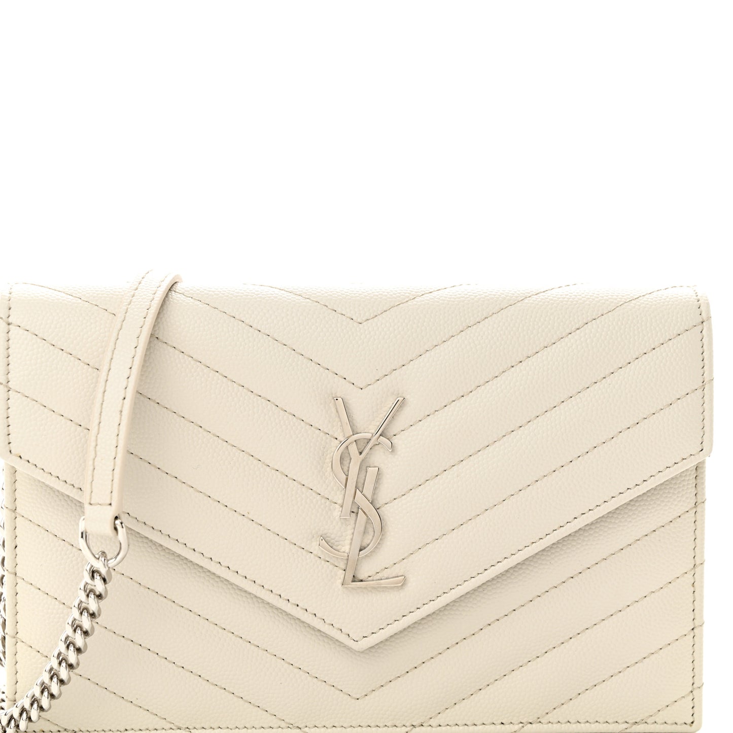 Grain De Poudre Matelasse Chevron Monogram Envelope Chain Wallet Icy White