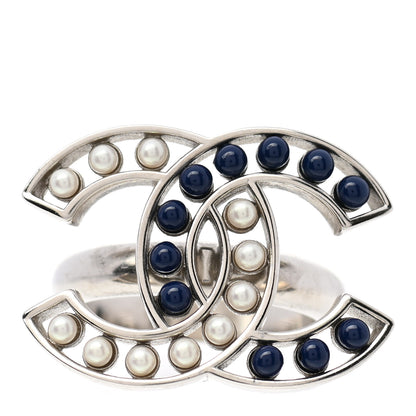 Chanel Pearl Bead CC Ring 7 Silver Blue 1 of 5