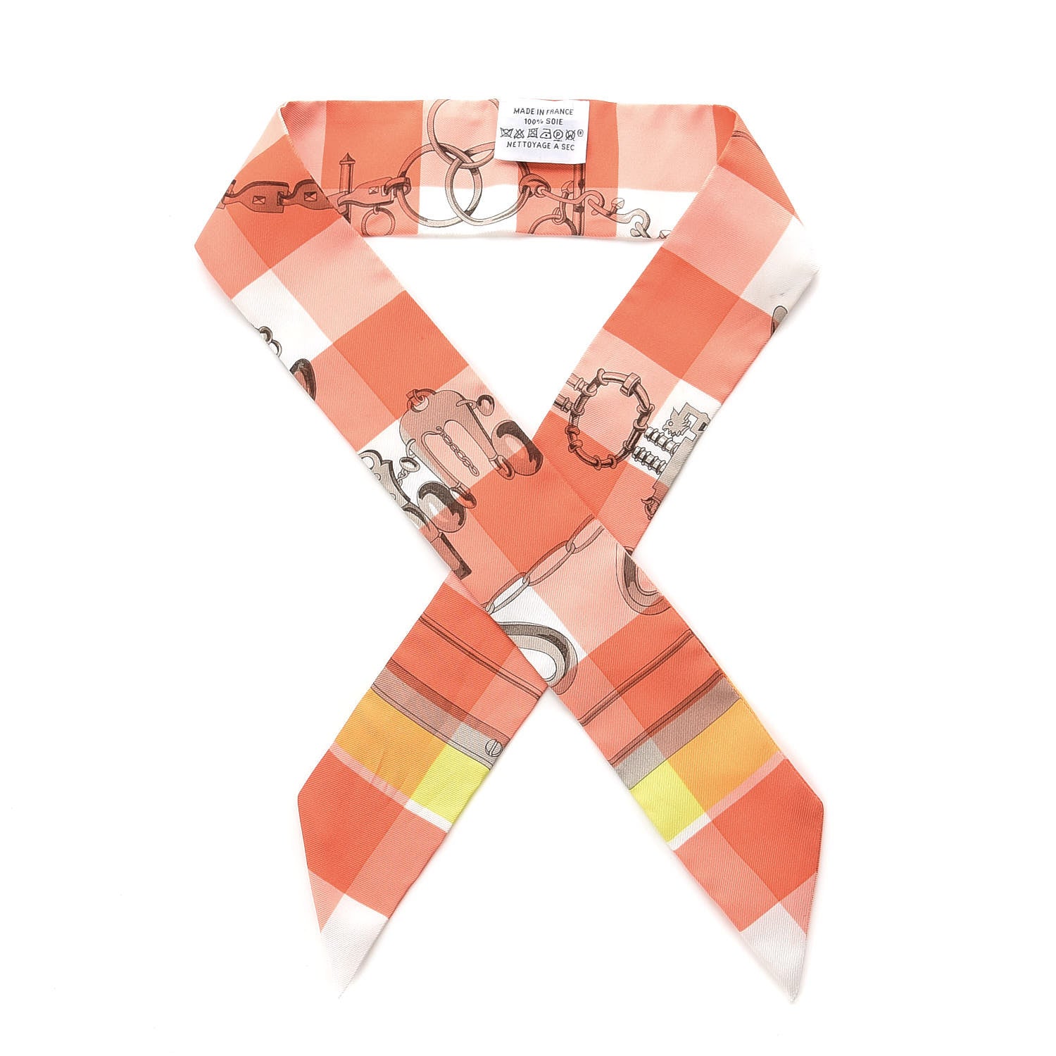 Hermes Silk Mors Et Gourmettes Vichy Twilly Saumon Citron Blanc 1 of 8
