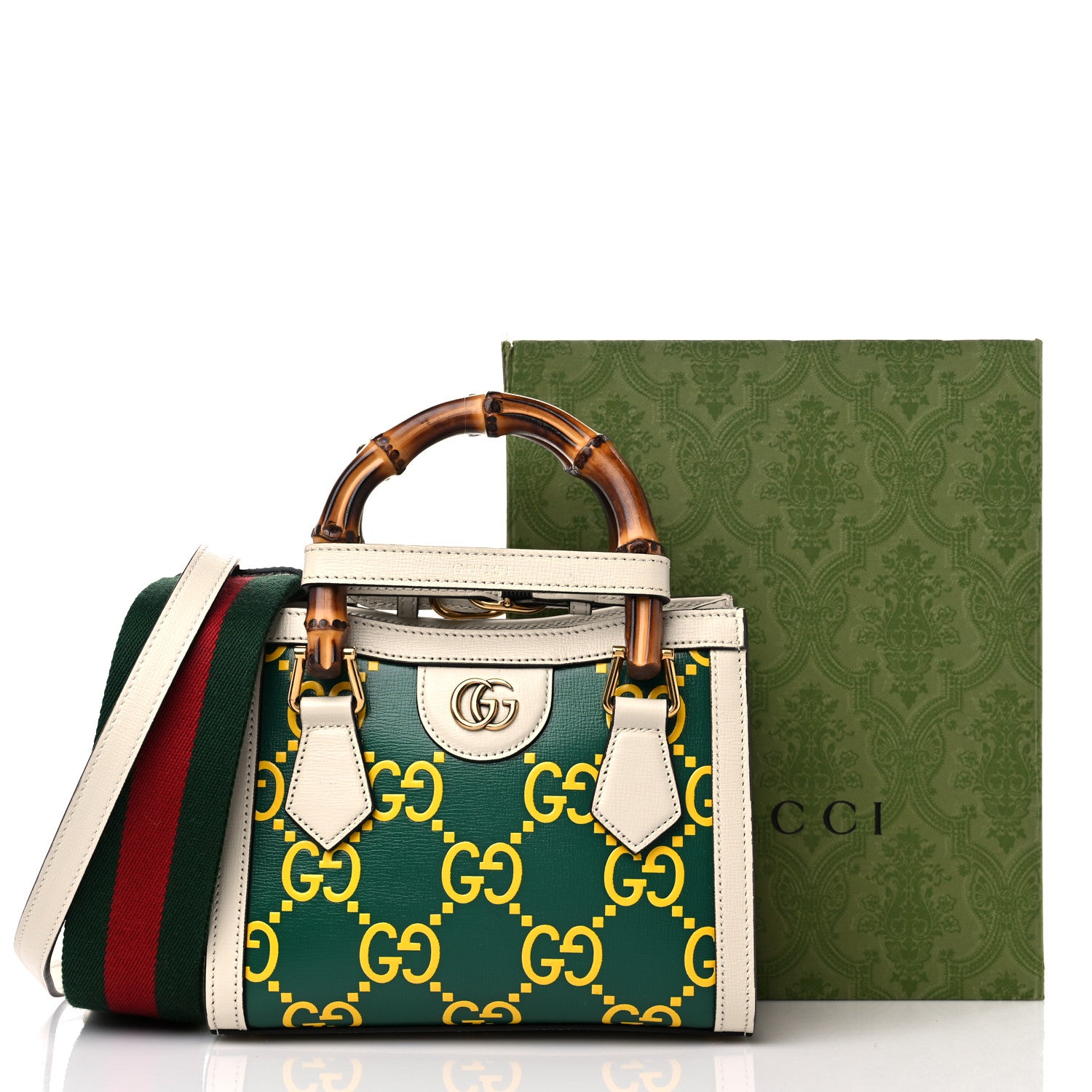 Gucci Azalea Calfskin GG Monogram Bi-Color Debossed Mini Diana Tote Bag Emerald Stone Topaz Mystic White 9 of 9