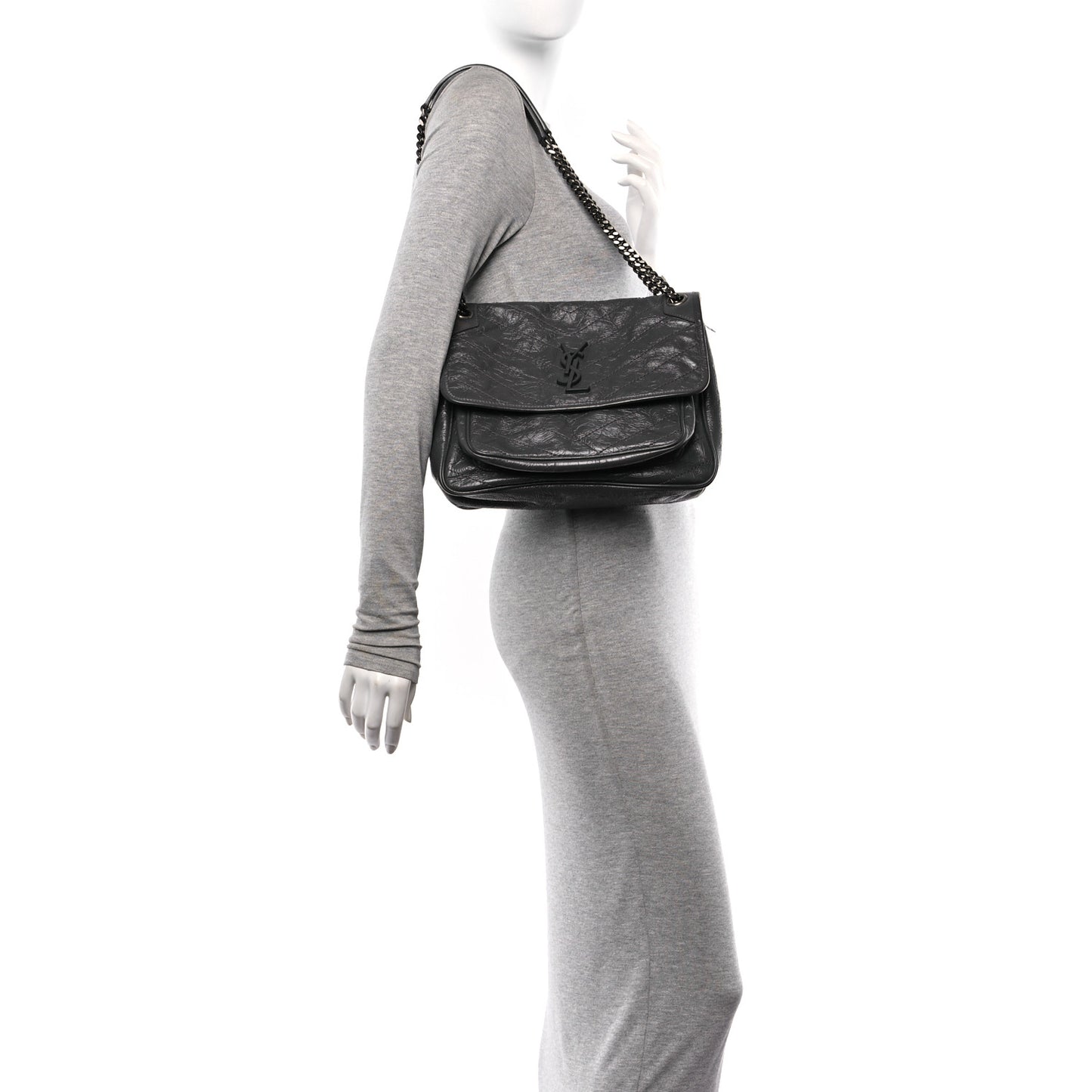 Crinkled Calfskin Matelasse Monogram Medium Niki Chain Satchel Storm