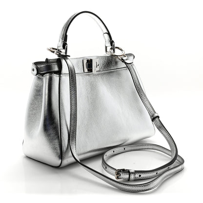 Fendi Vitello Catalan Mirror Mini Peekaboo Iconic Satchel Argento 3 of 9