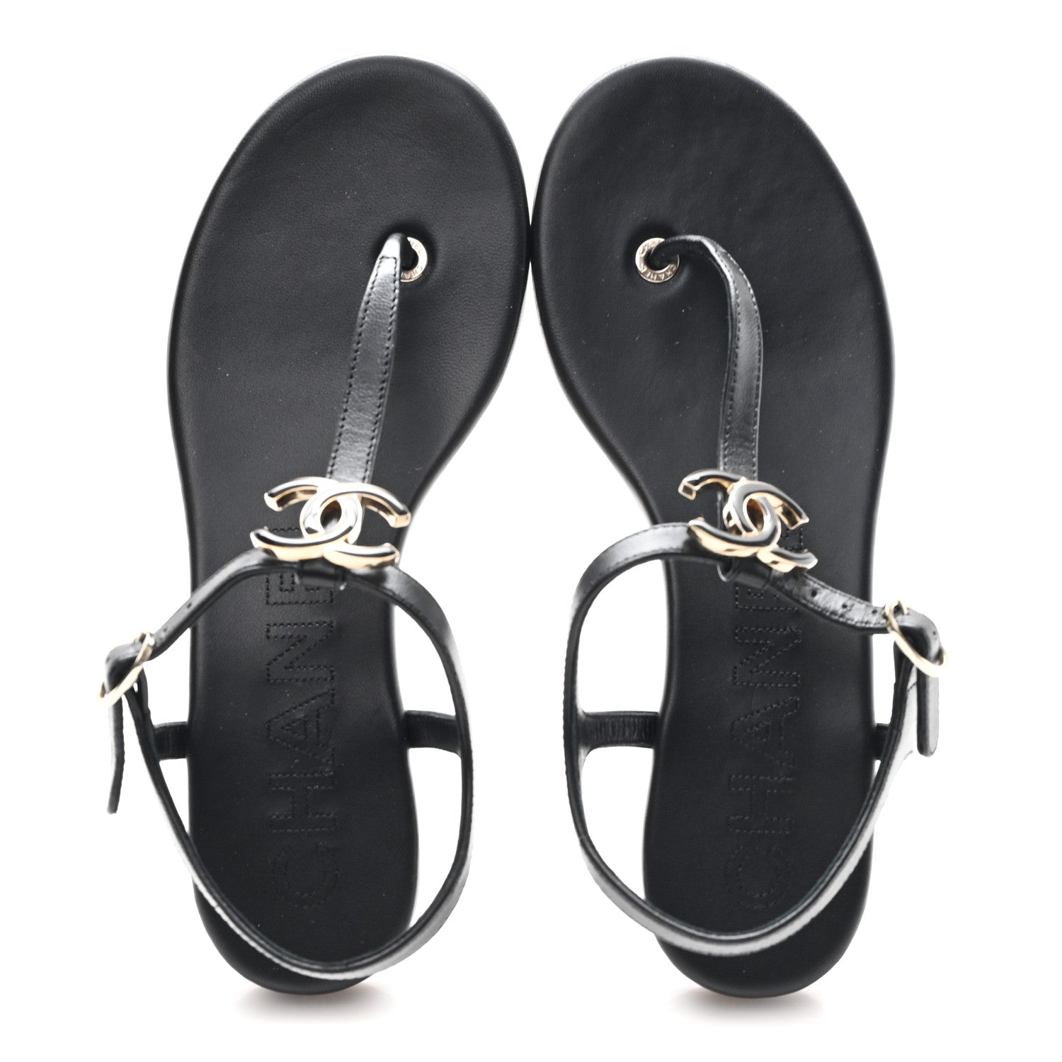 Chanel Lambskin Enamel CC Thong Sandals 38 Black 1795263