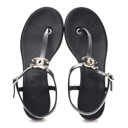 Chanel Lambskin Enamel CC Thong Sandals 38 Black 2 of 9