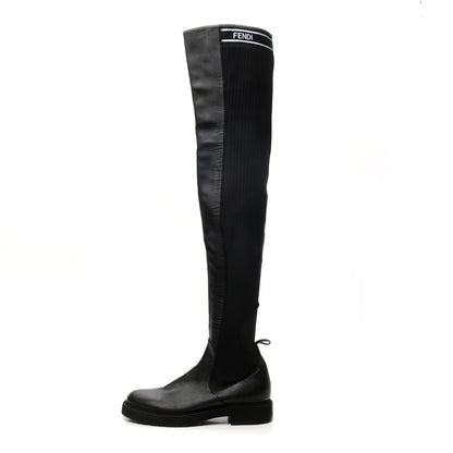 Fendi Nappa Stretch Fabric Logo Rockoko Thigh High Boots 36.5 Black White 1 of 7