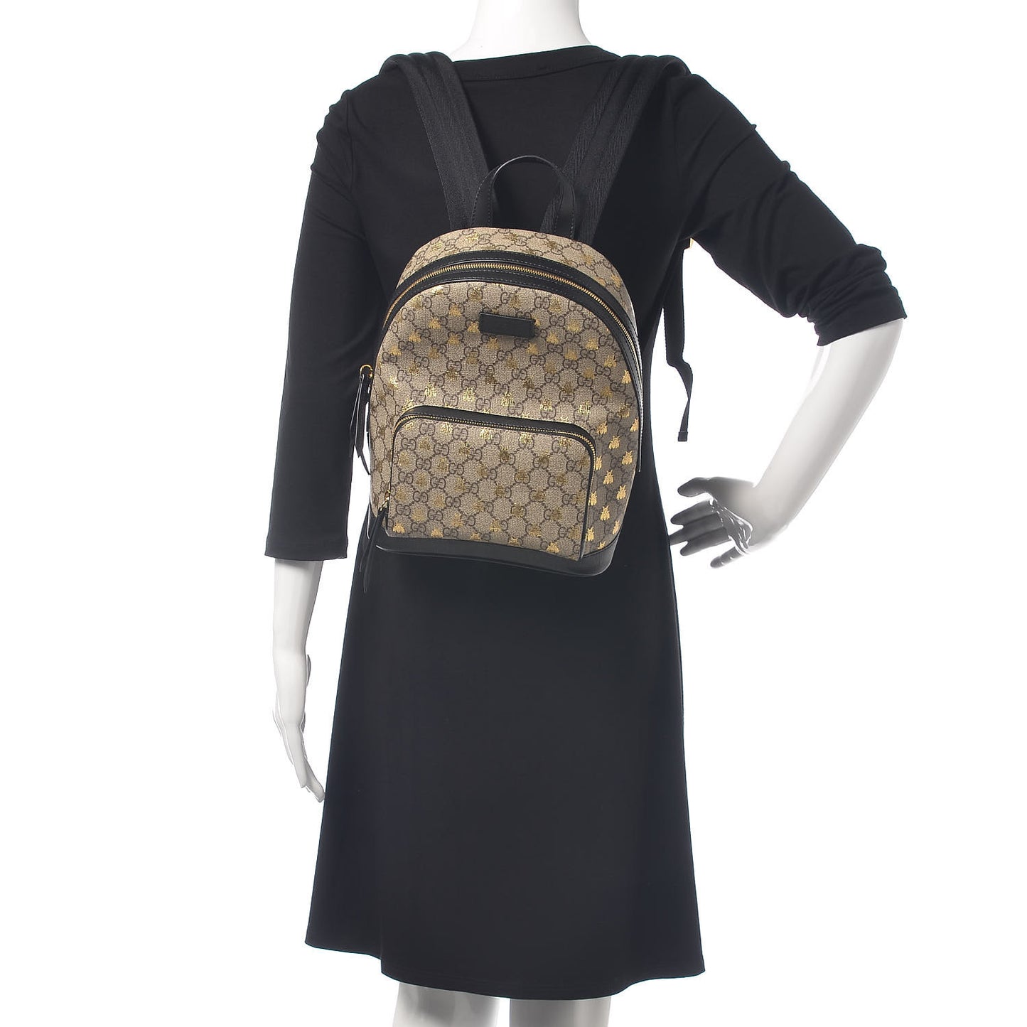 GG Supreme Monogram Bees Print Small Day Backpack Beige Oro Black