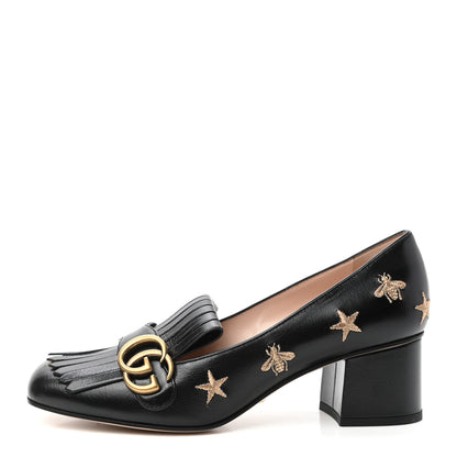 Gucci Quentin Goatskin Bee Star Embroidered GG Marmont Fringe 50mm Loafer Pumps 39 Black 1 of 9