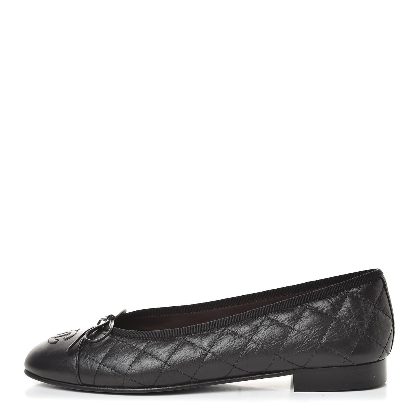Aged Calfskin Quilted Cap Toe Ballerina Flats 37 Black