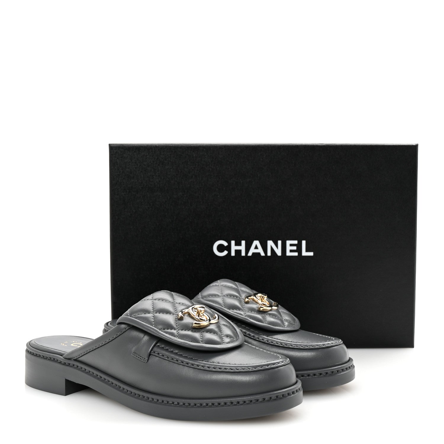 Chanel Lambskin Quilted CC Turnlock Mules 37 Dark Gray 1769128