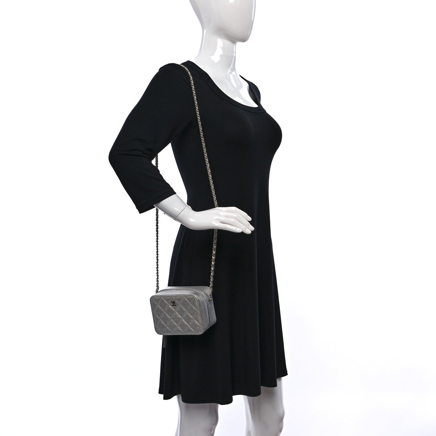 Metallic Caviar Quilted Camera Bag Silver