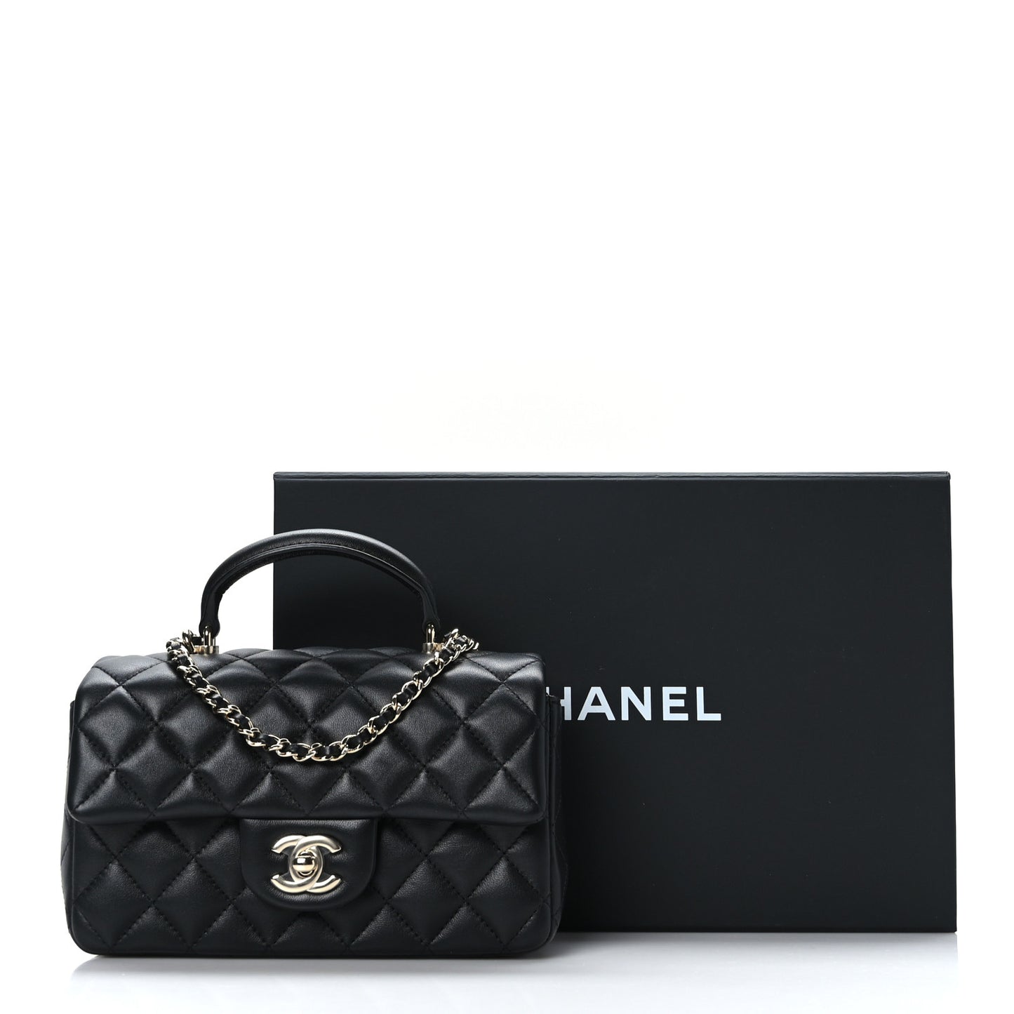 Lambskin Quilted Mini Top Handle Rectangular Flap Black
