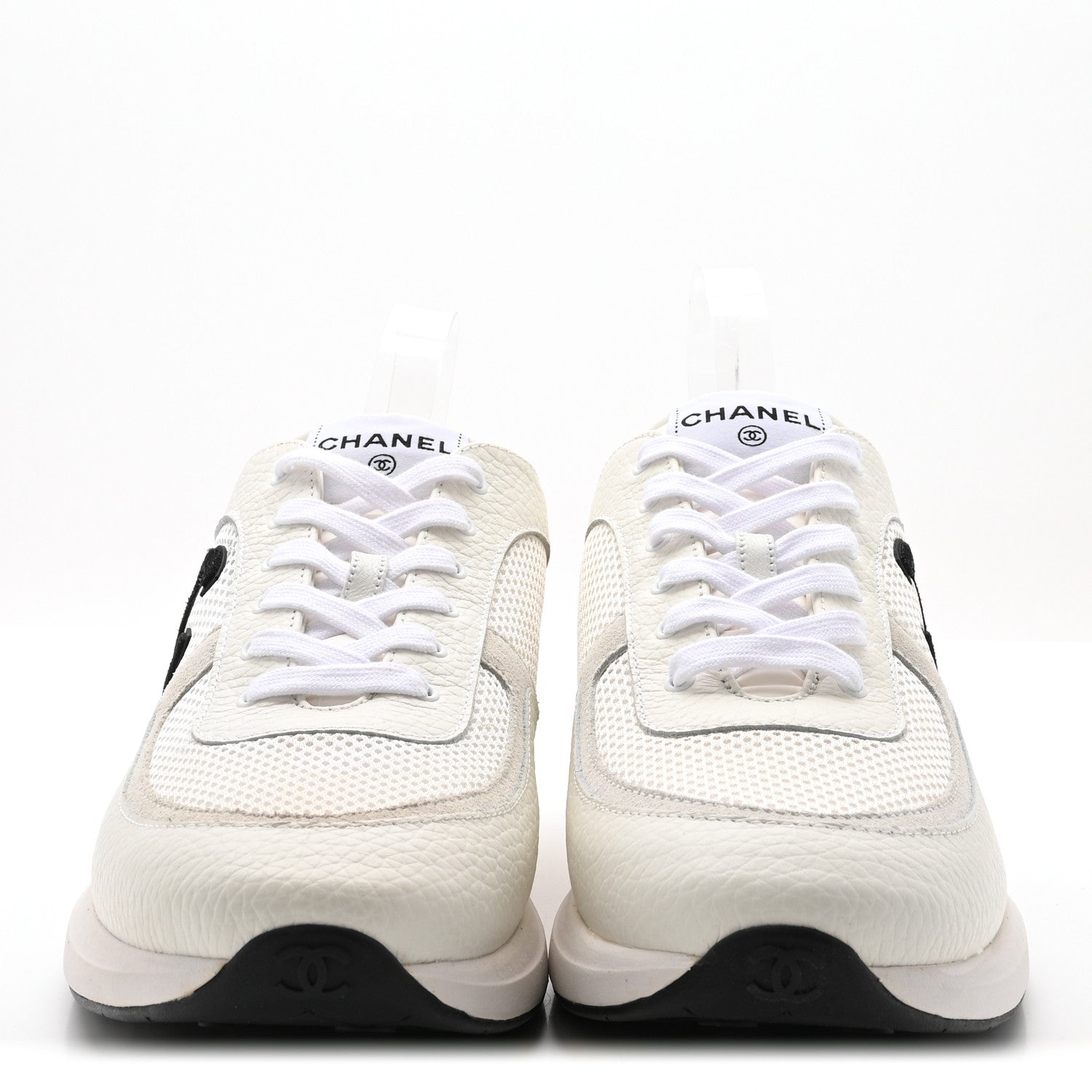 Chanel Calfskin Mesh Suede CC Sneakers 45 White Black 3 of 8