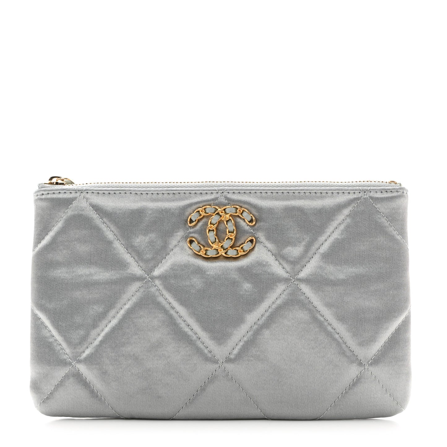 Satin Quilted Small Chanel 19 Pouch Gray