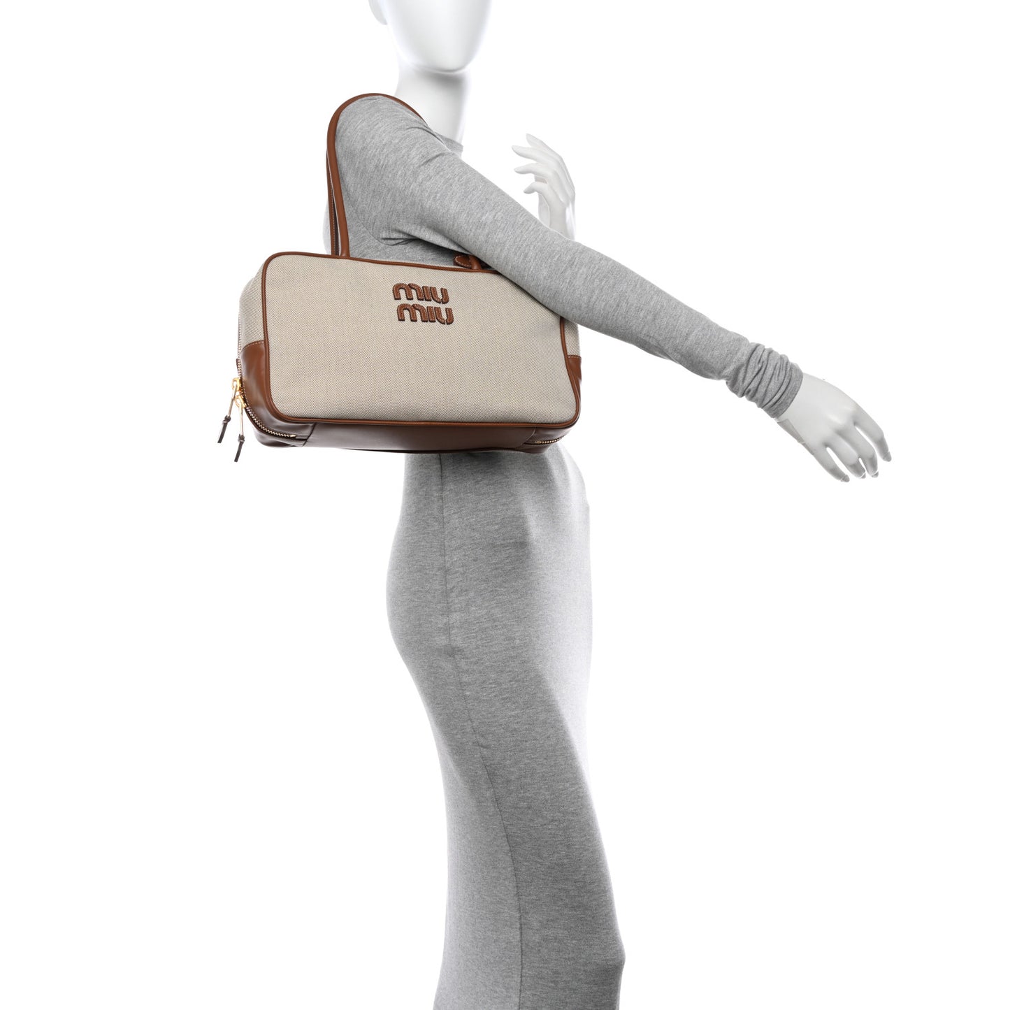 Canvas Calfskin Top Handle Bag Beige Brandy