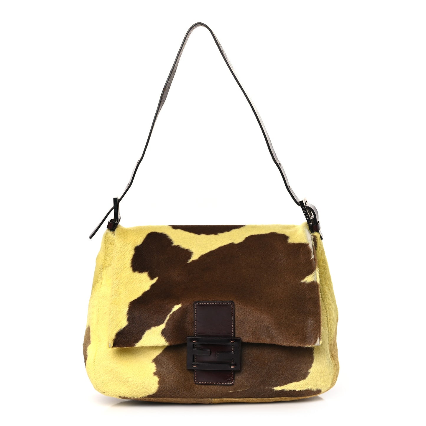 Calf Hair Cow Print Mama Baguette Yellow Brown