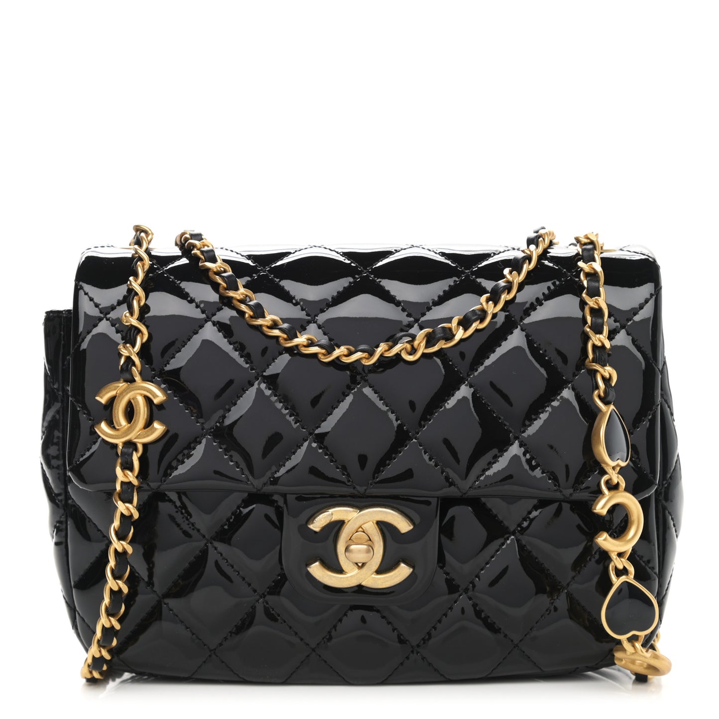 Patent Enamel Quilted Small Coco Hearts Square Flap Black