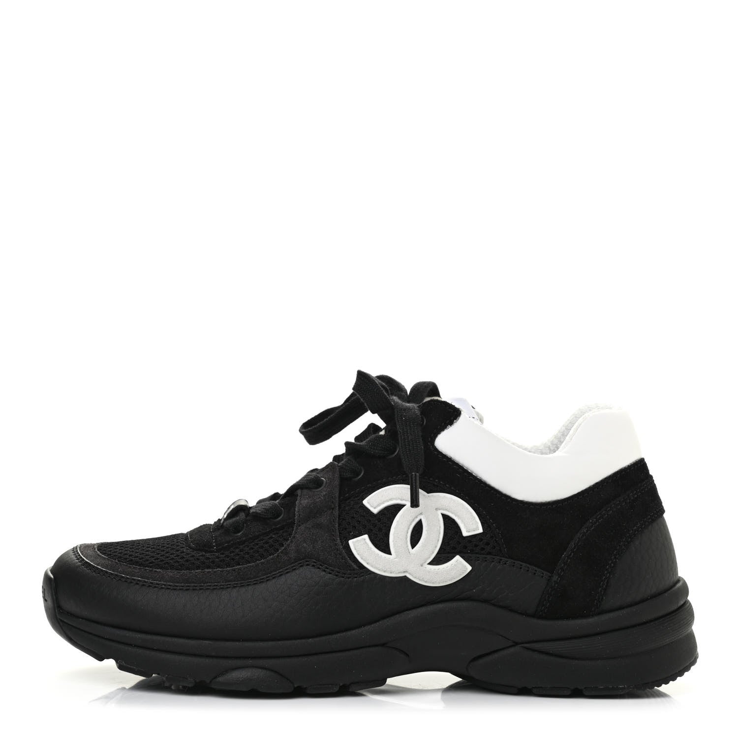 Chanel Mesh Suede Grained Calfskin Womens CC Sneakers 37.5 Black White 1 of 8