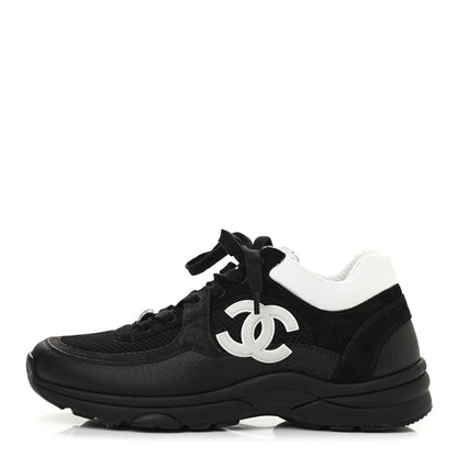Chanel Mesh Suede Grained Calfskin Womens CC Sneakers 37.5 Black White 1 of 8