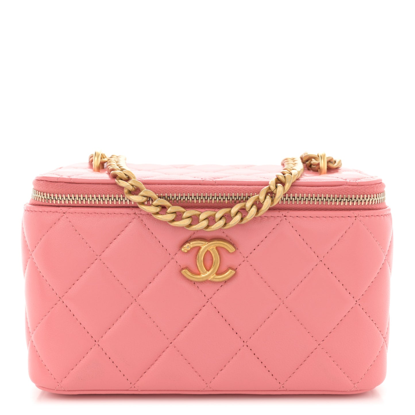 Shiny Lambskin Quilted Sweetheart Small Vanity Case With Chain Pink