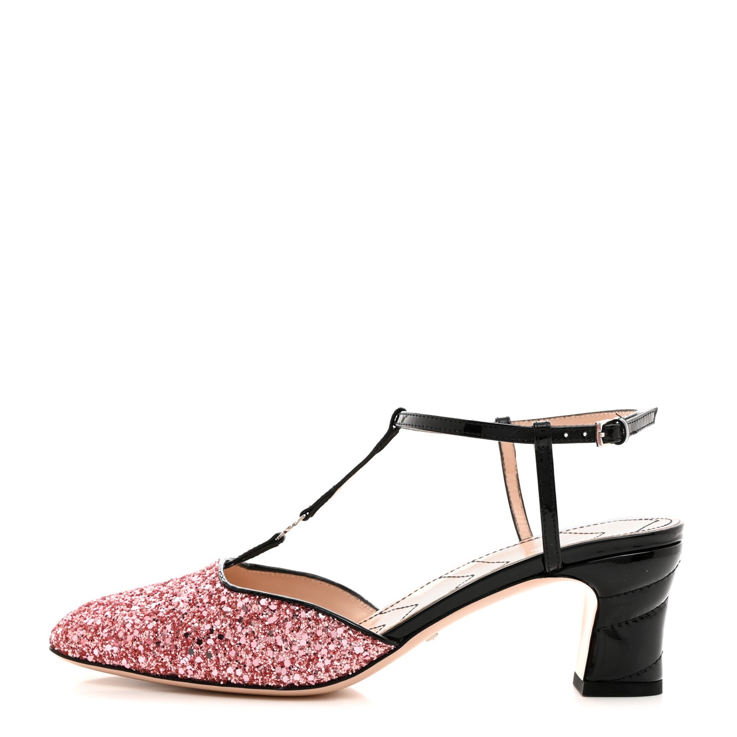 Calfskin Glitter Double G 55mm Slingback Pumps 38 Black Pink Glitter