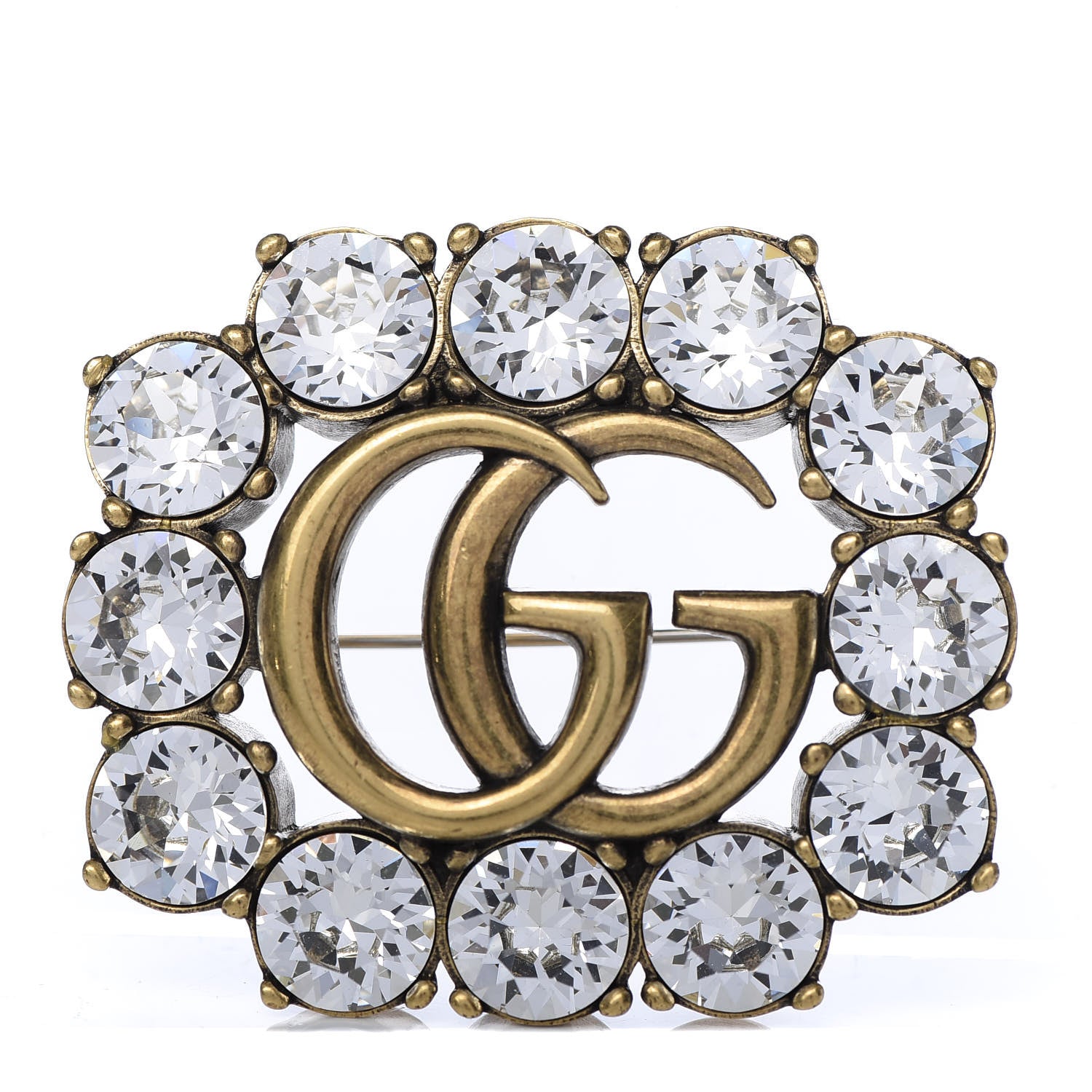 Gucci Metal Crystal Double G Brooch Aged Gold 1 of 4