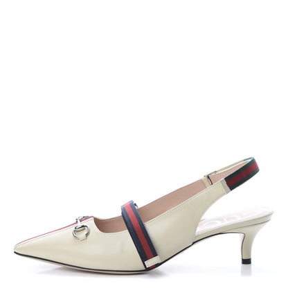 Gucci Malaga Kid Web Horsebit Low Heel Slingback Pumps 41 Vintage White 1 of 11