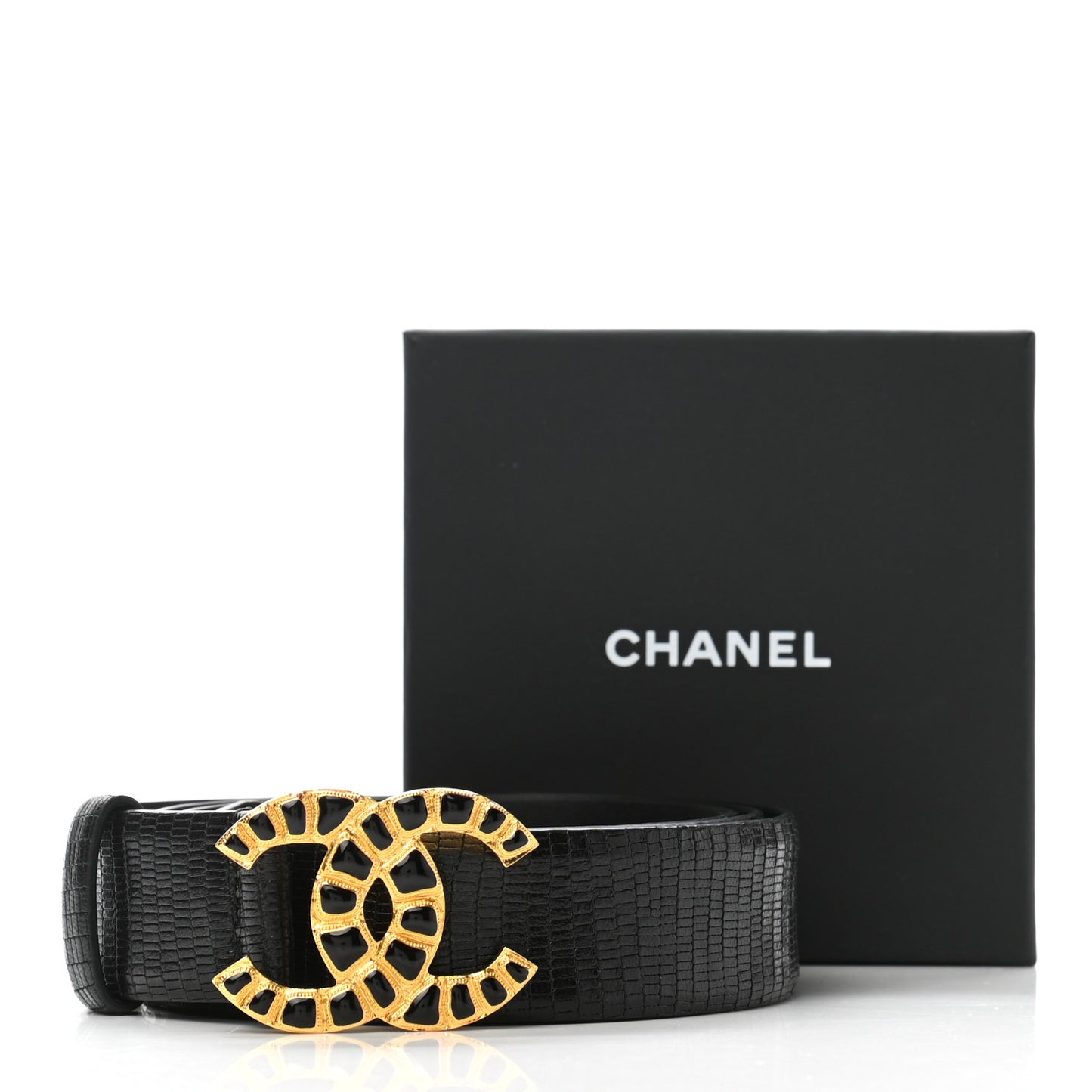 Lizard Embossed Calfskin Gripoix Poured Glass Along The Nile CC Belt 95 38 Black