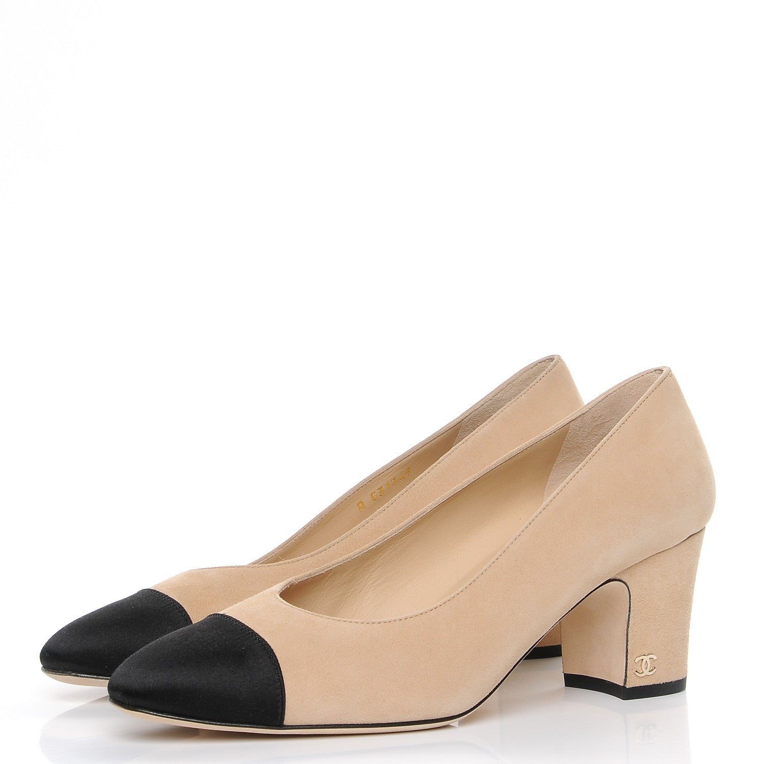 Chanel Suede Satin Cap Toe Low Heel Pumps 39 Beige Black 3 of 9