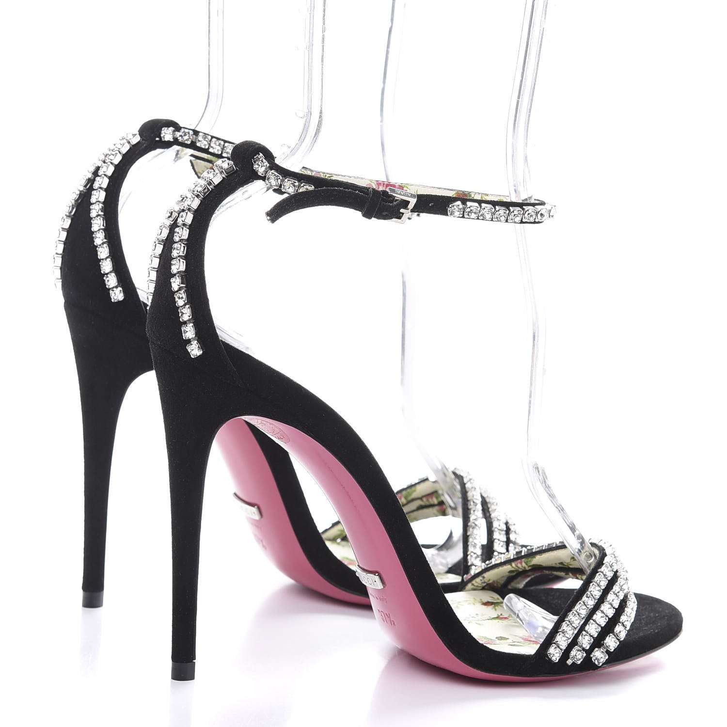 Gucci Kid Scamosciato Crystal Ankle Strap High Heel Sandals 37.5 Black 5 of 9