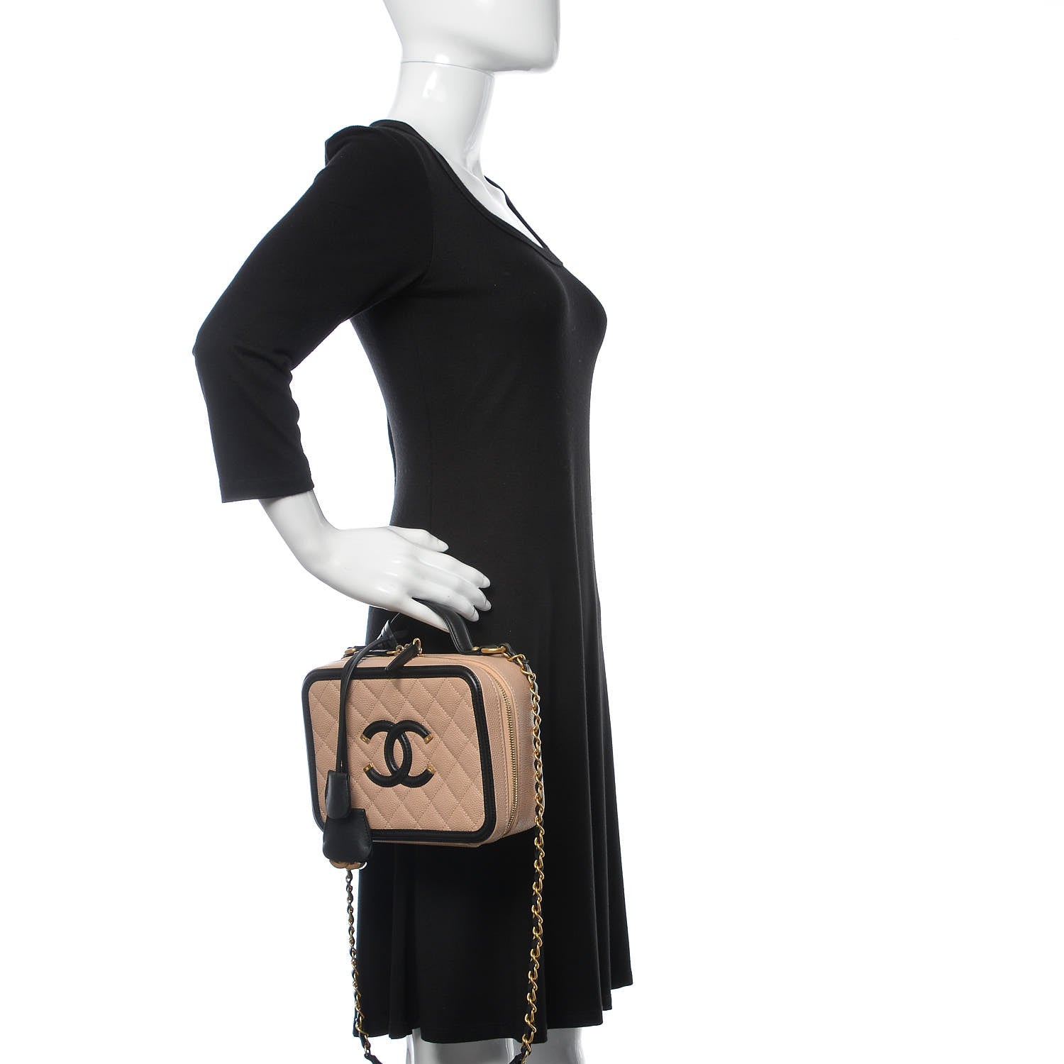 Chanel Caviar Quilted Medium CC Filigree Vanity Case Beige Black 3 of 11