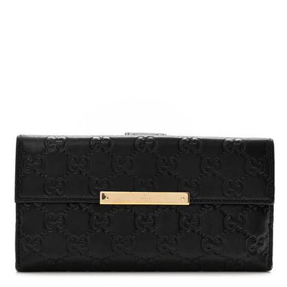 Gucci Guccissima Margaux Calfskin Metal Bar Continental Flap Wallet Black 1 of 9