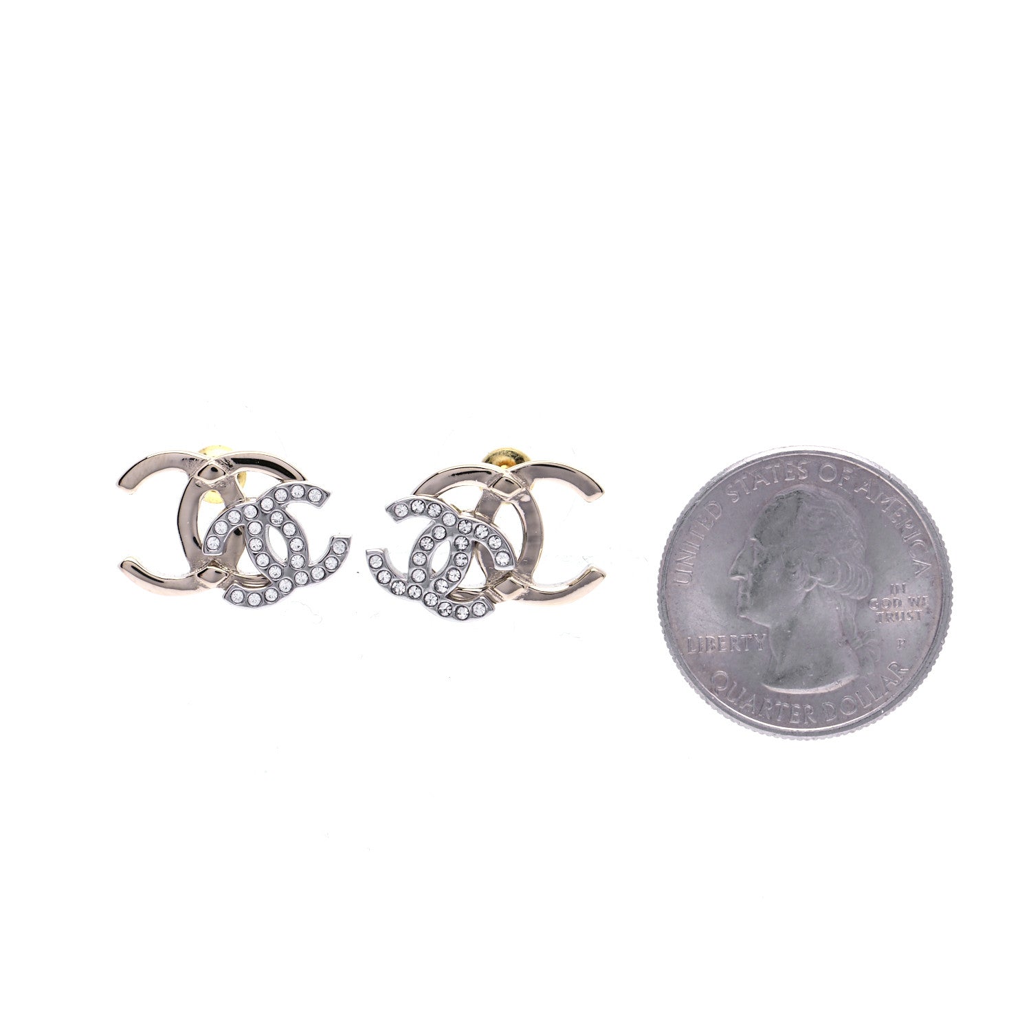 Chanel Crystal Double CC Earrings Gold Silver 2 of 6