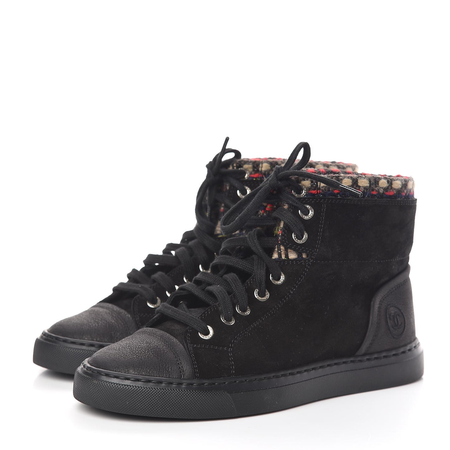 Suede Calfskin Tweed High Top Sneakers 36.5 Black
