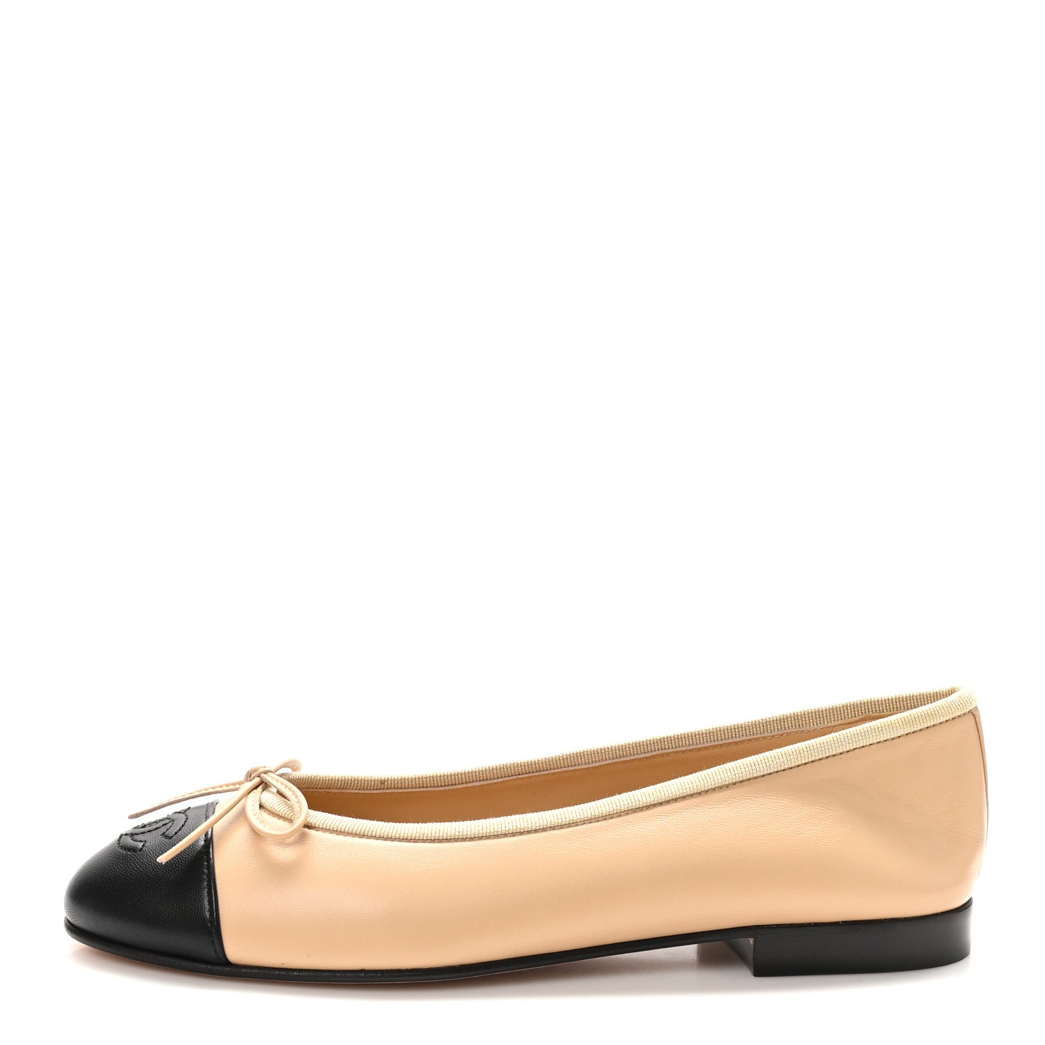 Chanel Lambskin Cap Toe CC Ballerina Flats 37.5 Beige Black 1 of 10