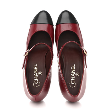 Chanel Shiny Goatskin Cap Toe Mary Jane Pumps 41 Burgundy Dark Grey 2 of 10