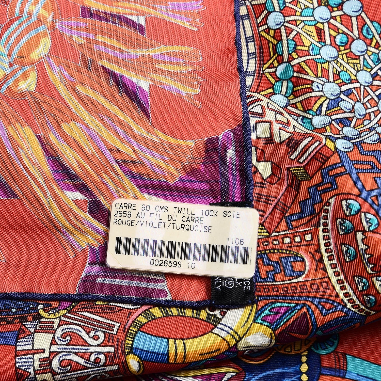 Hermes Silk Au Fil Du Carre Scarf 90 Rouge Violet Turquoise 6 of 7