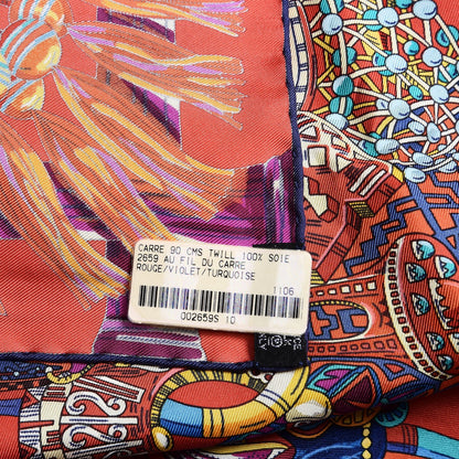 Hermes Silk Au Fil Du Carre Scarf 90 Rouge Violet Turquoise 6 of 7