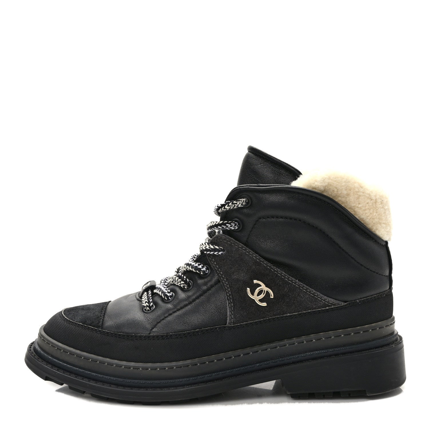 Chanel Lambskin Shearling Suede CC High Lace Up Boots 38 Black 1 of 10