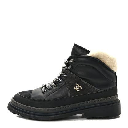 Chanel Lambskin Shearling Suede CC High Lace Up Boots 38 Black 1 of 10