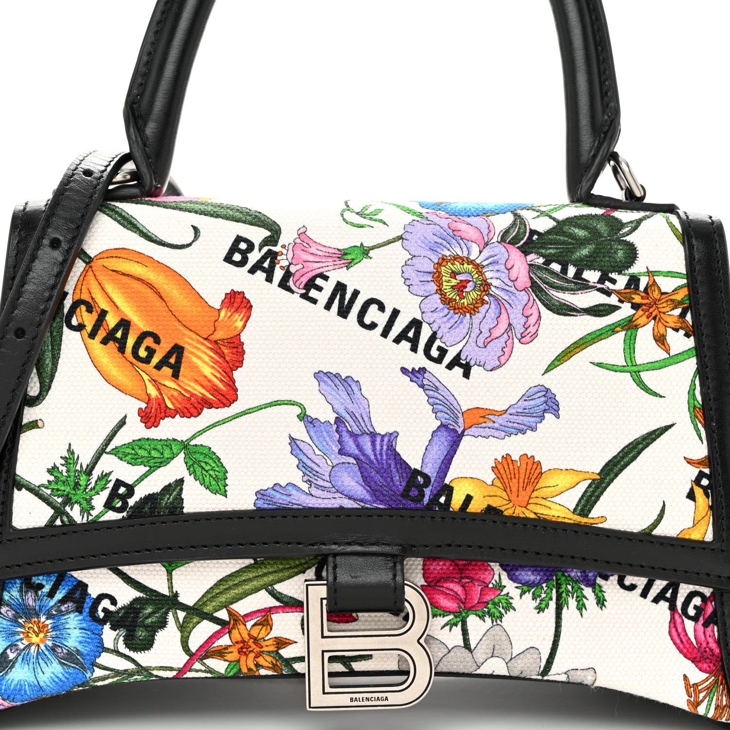 Balenciaga X GUCCI Canvas Boarded Plutone Calfskin Flora Logo Print Small Hourglass Top Handle Bag White Multicolor Black 8 of 10